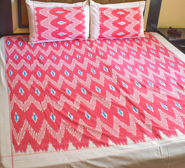 Ikkat Hand Weave, Premium Pure Cotton Double Bedsheets in King size, Geometric - Abstract shades Multicolor
