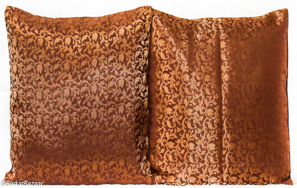 Brown Gold Brocade, 16x16 IN Cushion Cover pair