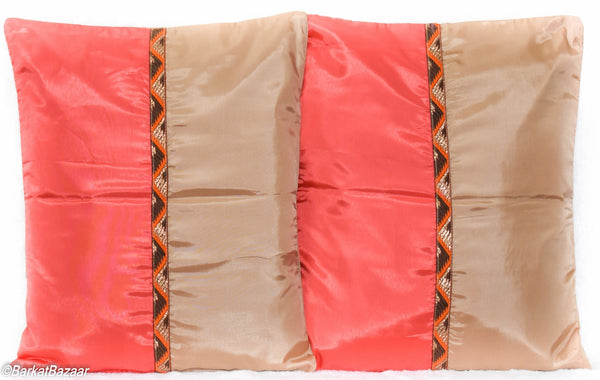 Beige & Orange Silk, 16x16 IN Cushion Cover pair