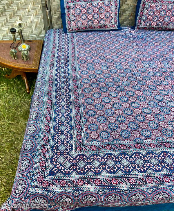 Pure Cotton Ajrakh Hand Block printed Double Bedsheets in King size