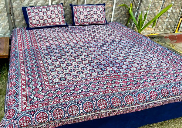 Pure Cotton Ajrakh Hand Block printed Double Bedsheets in King size