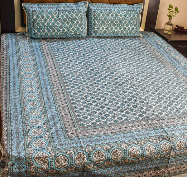 Pure Cotton Hand Block printed Double Bedsheets in King size, Floral prints and elegant shades