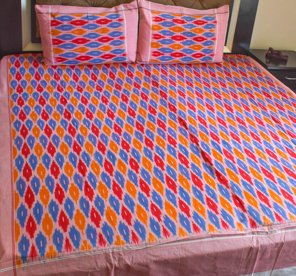 Ikkat Hand Weave, Premium Pure Cotton Double Bedsheets in King size, Geometric - Abstract shades Multicolor