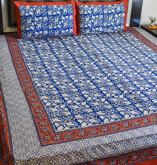 Pure Cotton Block Kalamkari Double Bedsheets in King size, Earthy Tones. Flat sheets - 90 x 108 in