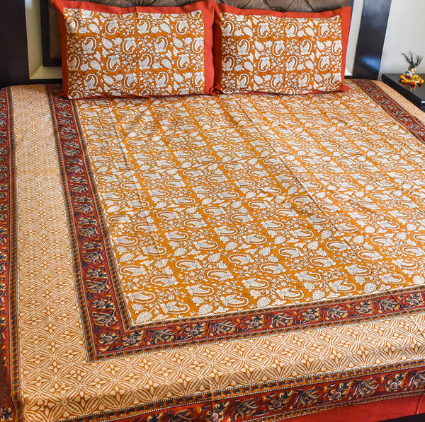 Pure Cotton Block Kalamkari Double Bedsheets in King size, Earthy Tones. Flat sheets - 90 x 108 in