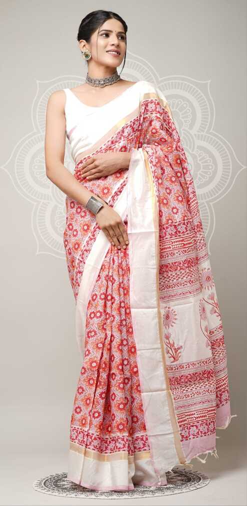 Assam silk Hand blockprint Sarees, with Blouse