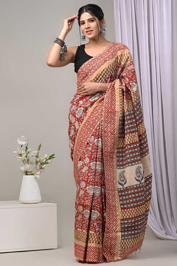 Assam silk Hand blockprint Sarees, with Blouse