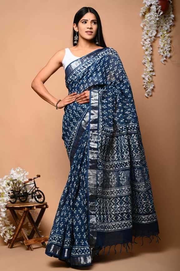 Cotton Linen Hand blockprint Saris, with Blouse