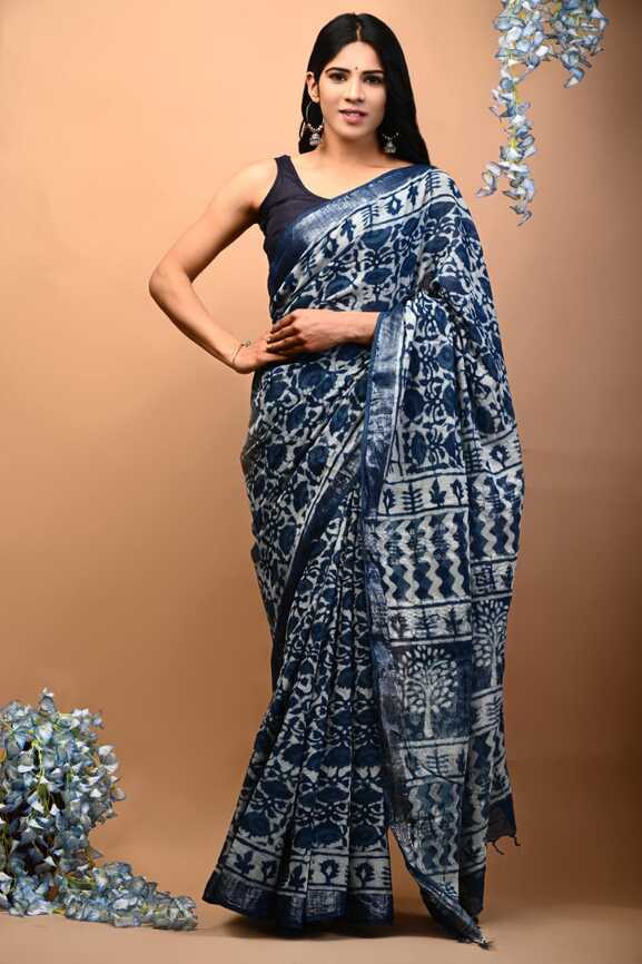 Cotton Linen Hand blockprint Saris, with Blouse