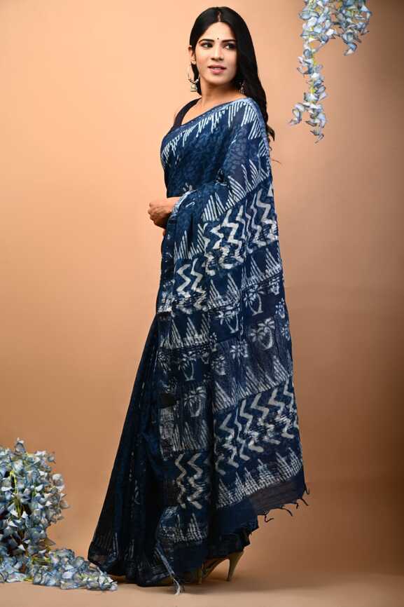 Cotton Linen Hand blockprint Saris, with Blouse