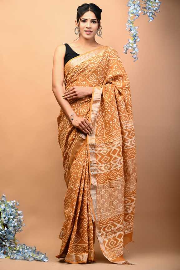 Cotton Linen Hand blockprint Saris, with Blouse