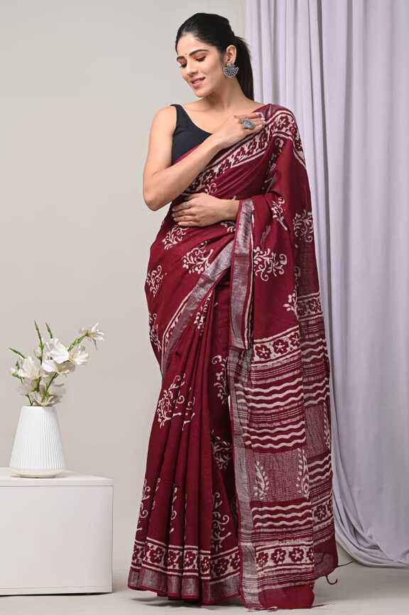 Cotton Linen Hand blockprint Saris, with Blouse