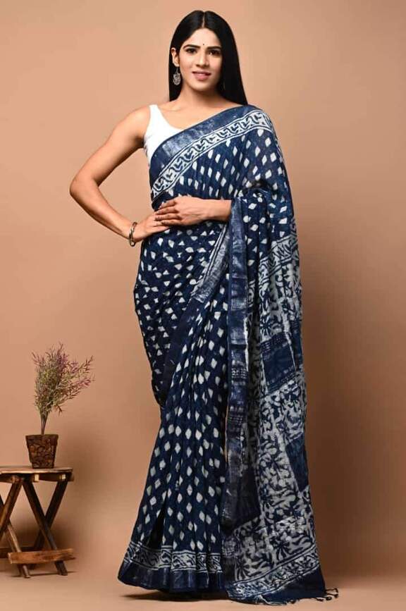 Cotton Linen Hand blockprint Saris, with Blouse