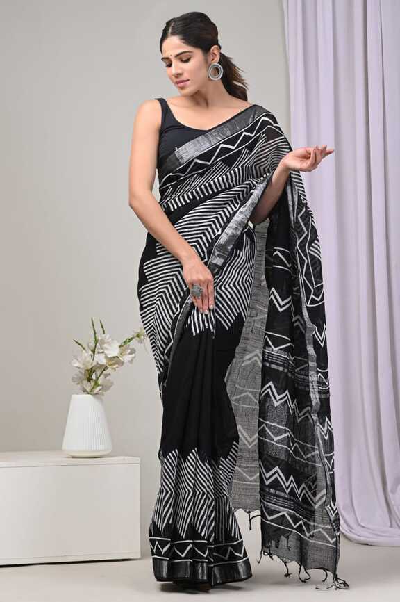 Cotton Linen Hand blockprint Saris, with Blouse