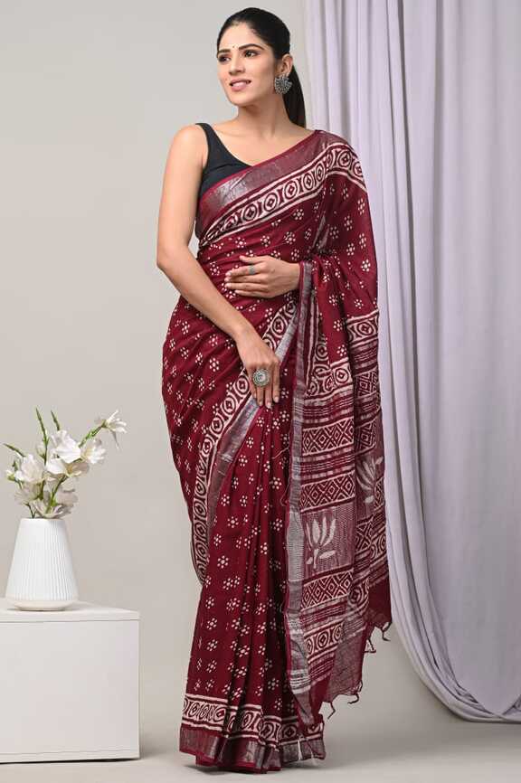 Cotton Linen Hand blockprint Saris, with Blouse