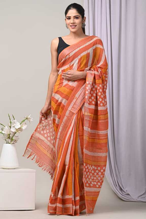 Cotton Linen Hand blockprint Saris, with Blouse