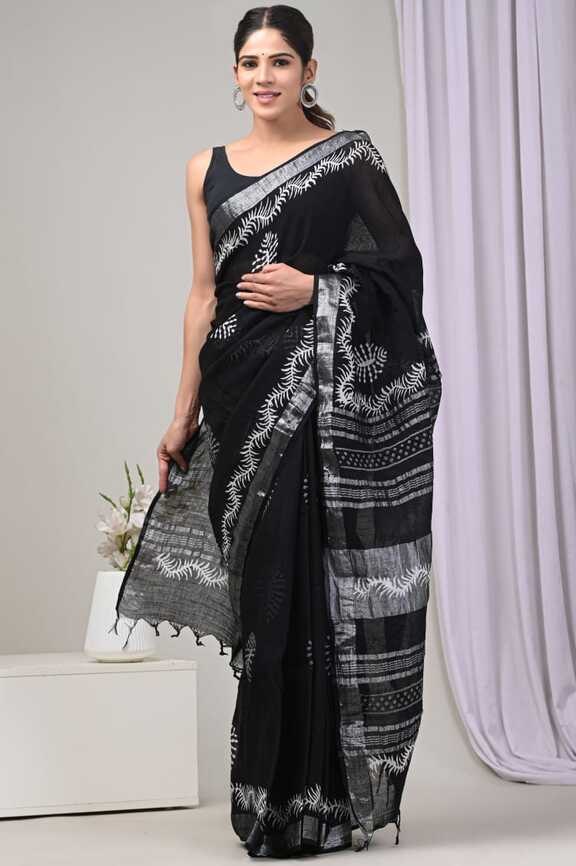 Cotton Linen Hand blockprint Saris, with Blouse