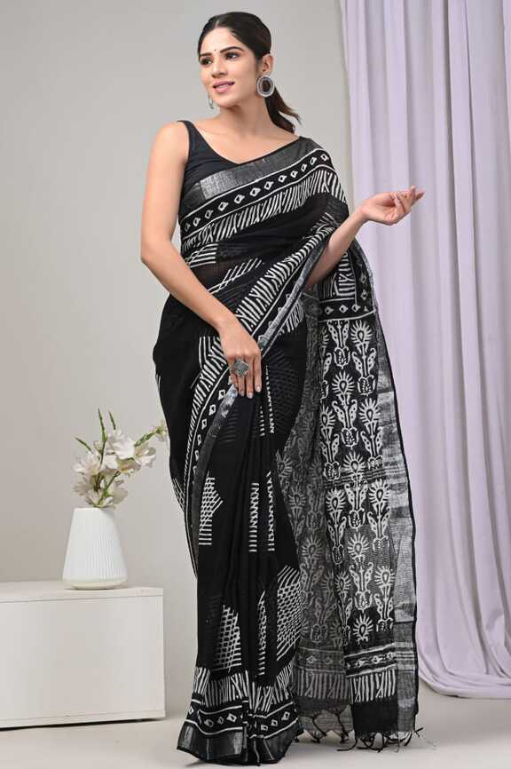 Cotton Linen Hand blockprint Saris, with Blouse