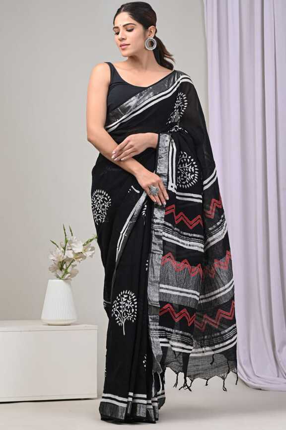 Cotton Linen Hand blockprint Saris, with Blouse