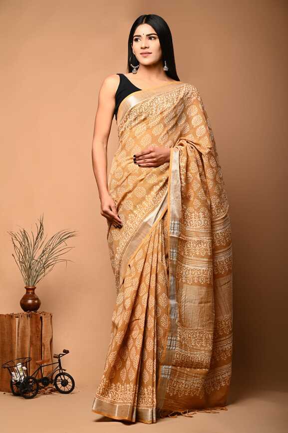 Cotton Linen Hand blockprint Saris, with Blouse