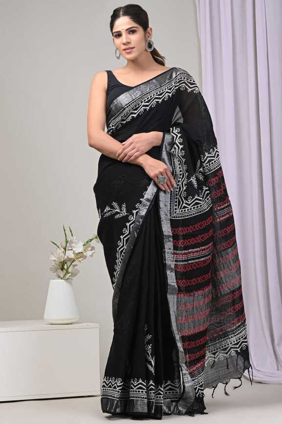 Cotton Linen Hand blockprint Saris, with Blouse