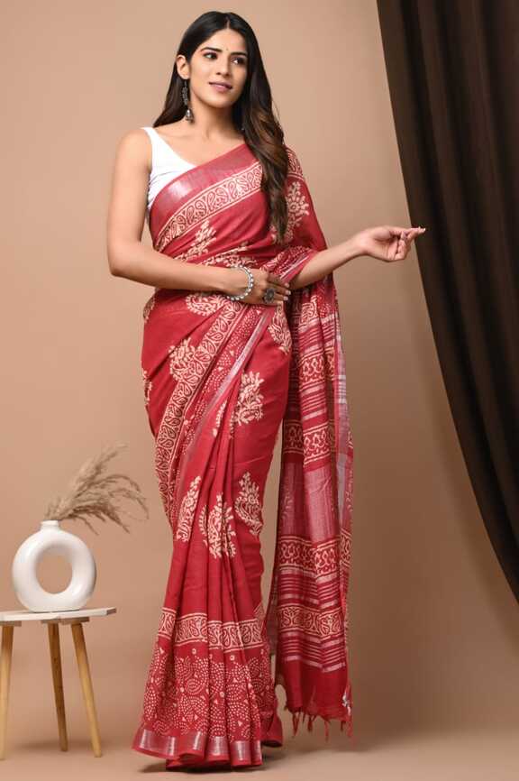 Cotton Linen Hand blockprint Saris, with Blouse