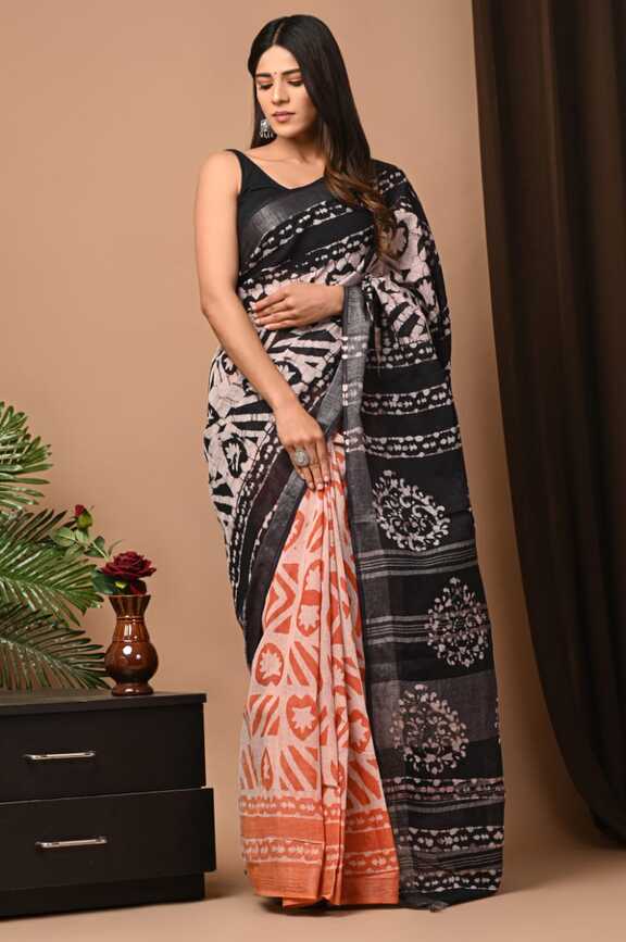 Cotton Linen Hand blockprint Saris, with Blouse