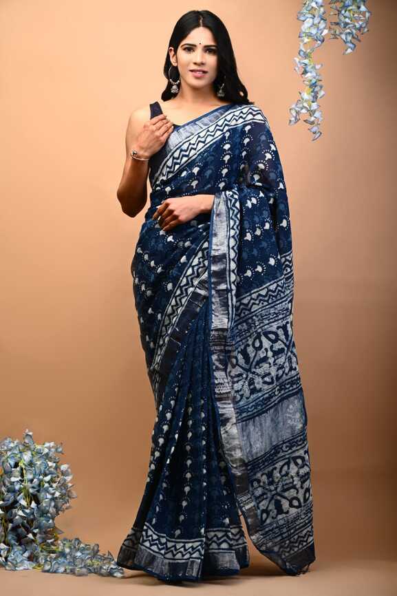 Cotton Linen Hand blockprint Saris, with Blouse