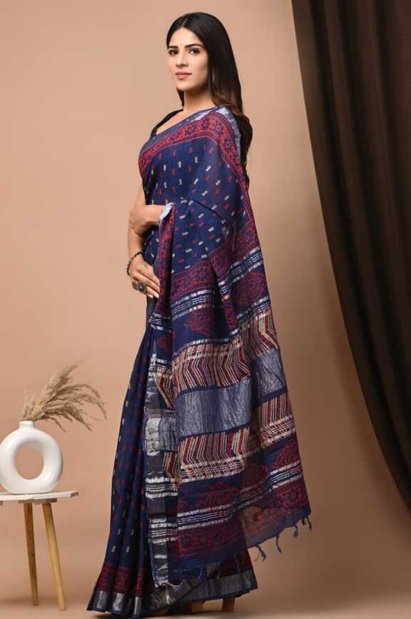 Cotton Linen Hand blockprint Saris, with Blouse