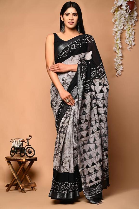 Cotton Linen Hand blockprint Saris, with Blouse