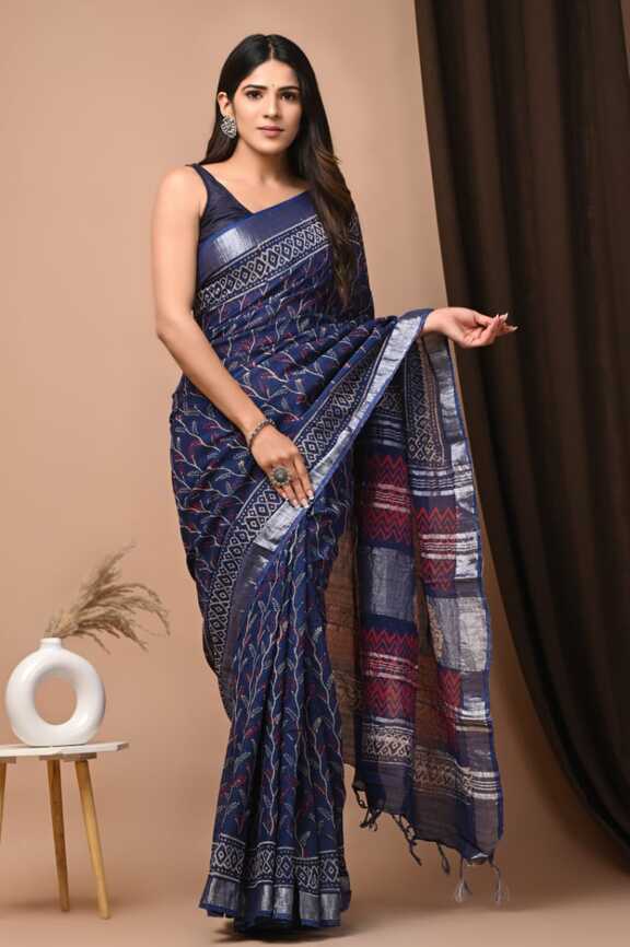 Cotton Linen Hand blockprint Saris, with Blouse