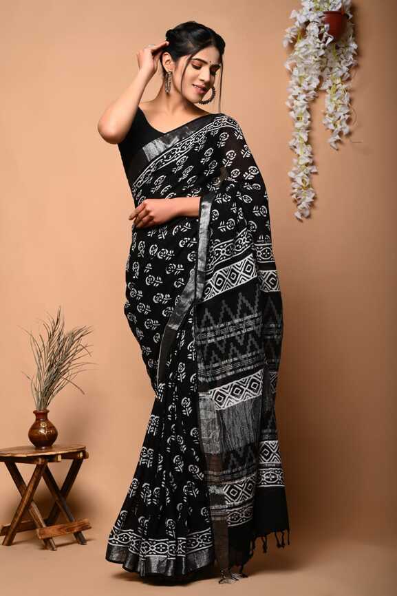 Cotton Linen Hand blockprint Saris, with Blouse