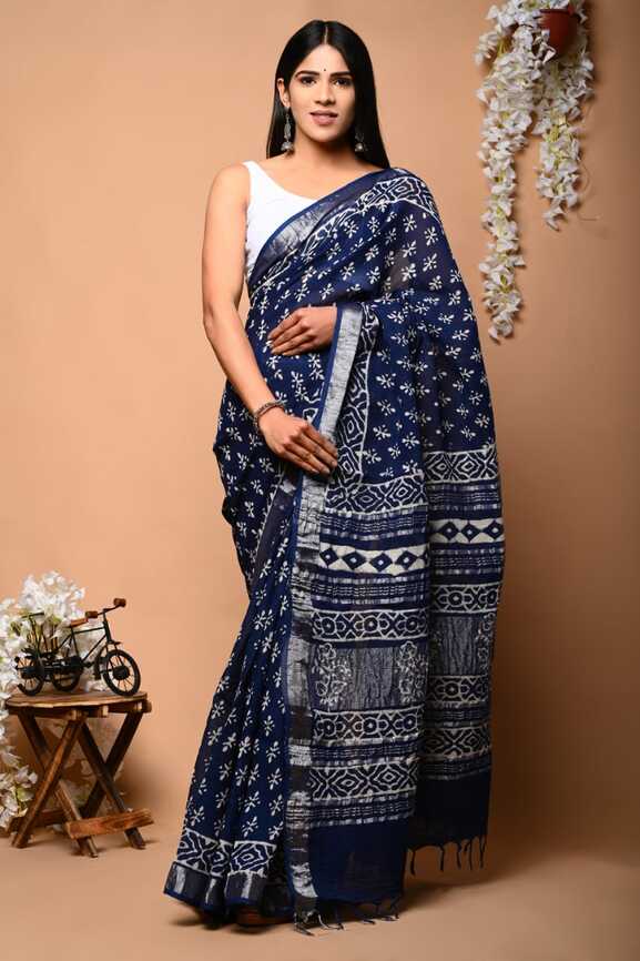 Cotton Linen Hand blockprint Saris, with Blouse