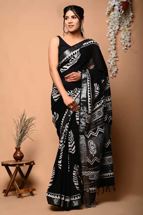 Cotton Linen Hand blockprint Saris, with Blouse