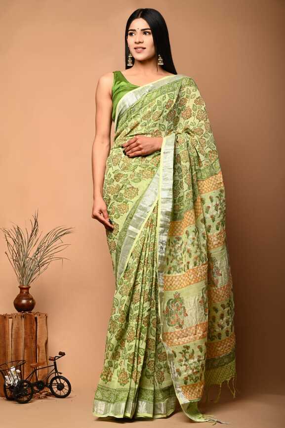 Cotton Linen Hand blockprint Saris, with Blouse