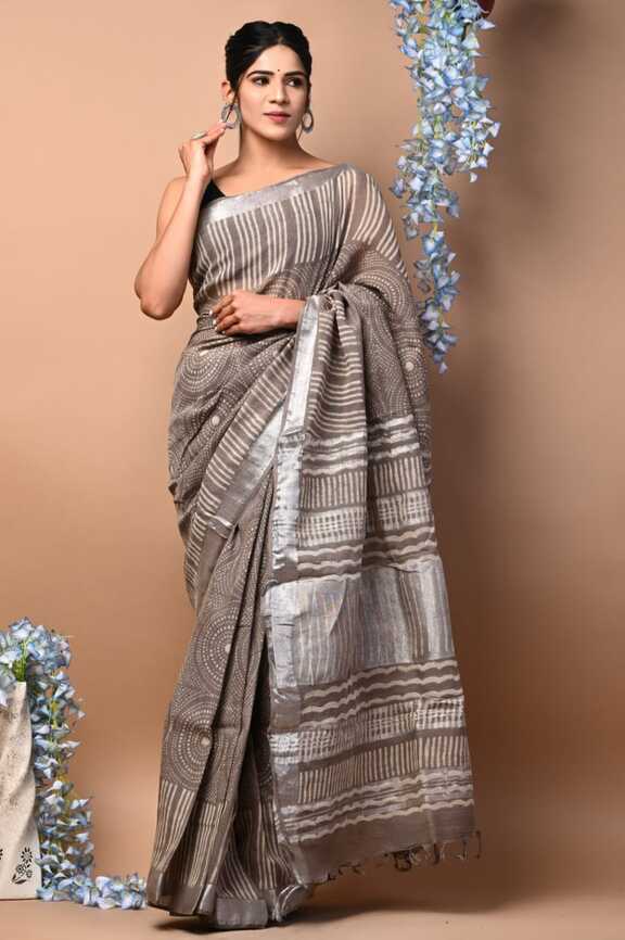 Cotton Linen Hand blockprint Saris, with Blouse