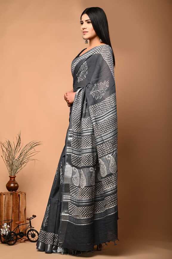 Cotton Linen Hand blockprint Saris, with Blouse