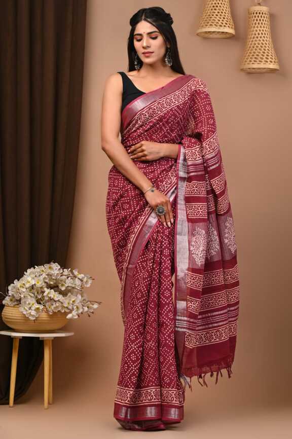 Cotton Linen Hand blockprint Saris, with Blouse