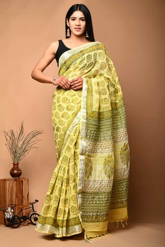 Cotton Linen Hand blockprint Saris, with Blouse