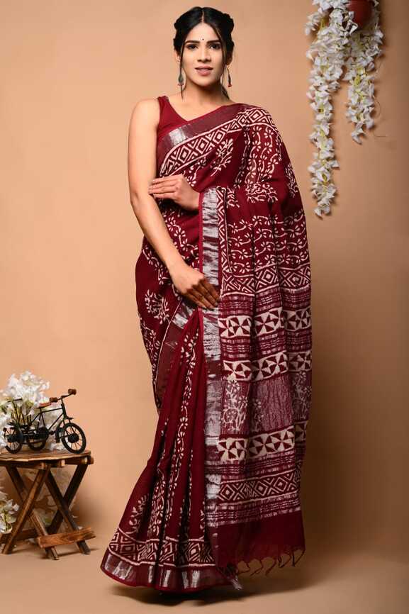 Cotton Linen Hand blockprint Saris, with Blouse