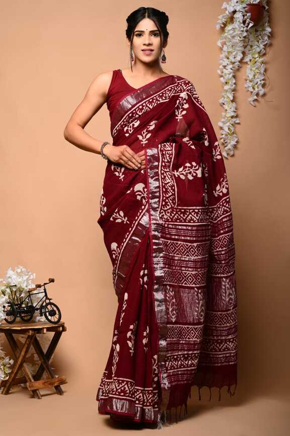 Cotton Linen Hand blockprint Saris, with Blouse