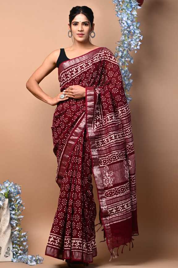 Cotton Linen Hand blockprint Saris, with Blouse