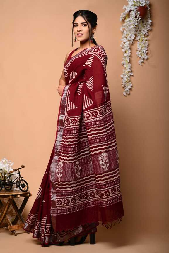 Cotton Linen Hand blockprint Saris, with Blouse