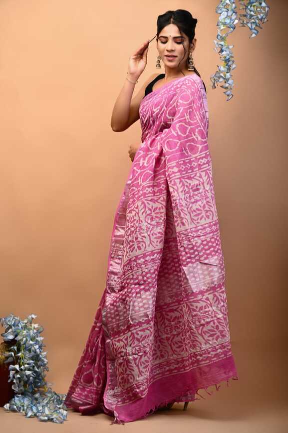 Cotton Linen Hand blockprint Saris, with Blouse