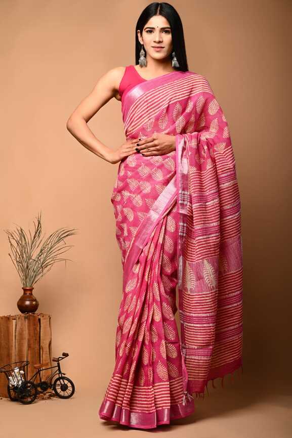 Cotton Linen Hand blockprint Saris, with Blouse