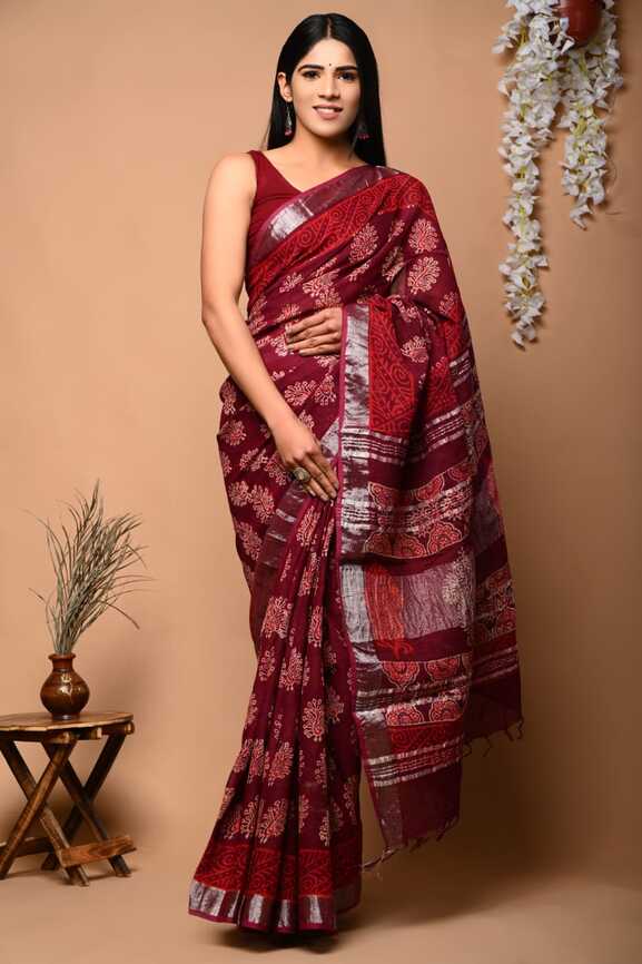 Cotton Linen Hand blockprint Saris, with Blouse