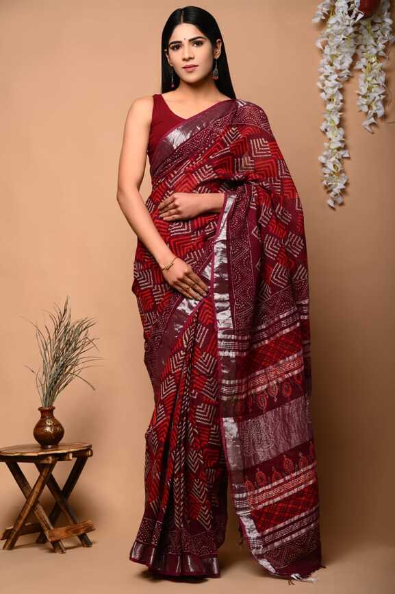 Cotton Linen Hand blockprint Saris, with Blouse