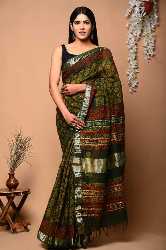 Cotton Linen Hand blockprint Saris, with Blouse