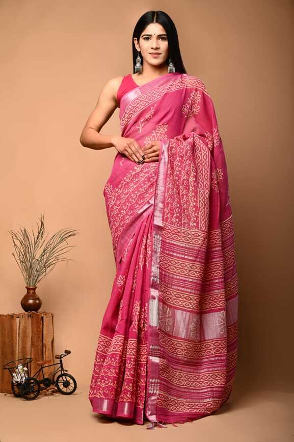 Cotton Linen Hand blockprint Saris, with Blouse