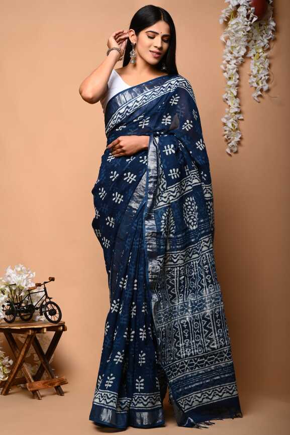 Cotton Linen Hand blockprint Saris, with Blouse